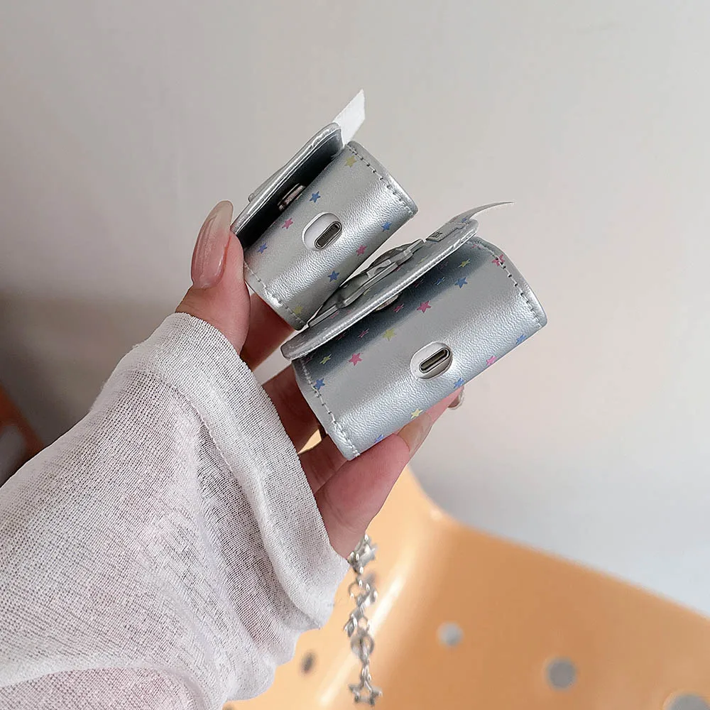 에어팟 프로 2 케이스 은빛 가죽 다채로운 3D 별 이어폰 커버, 애플 에어팟 1 3 프로 2 헤드셋 쉘 펜던트 포함