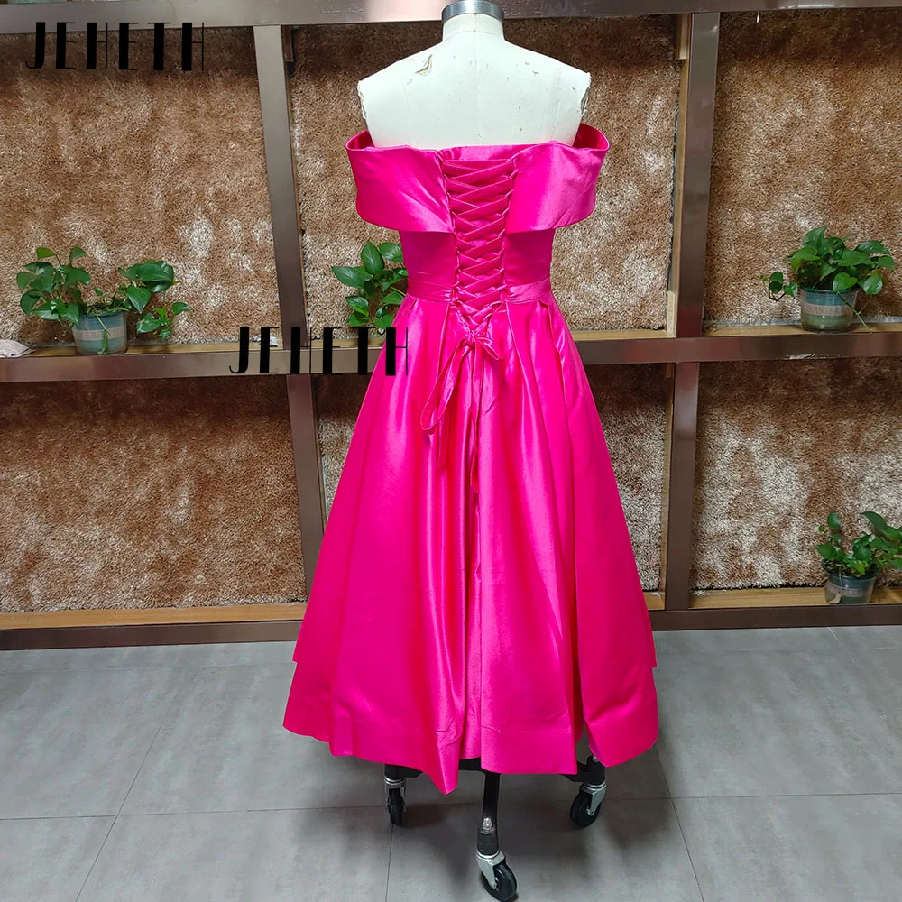 JEHETH Fashion Evening Gowns Off Shoulder V-Neck Bow Rose Red Prom Dress Satin Ankle Length A-Line فساتين للحفلات الراقصة