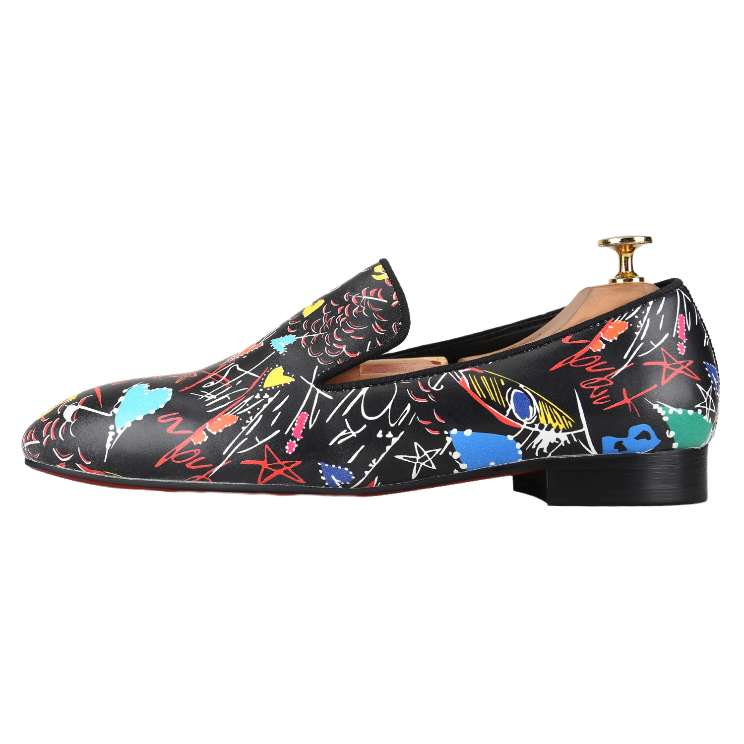 Piergitar Customized Graffiti Printed Of Black Leather Slip-On Loafers Luxury Brand CL Same Red Outsole Men's Smoking Slippers