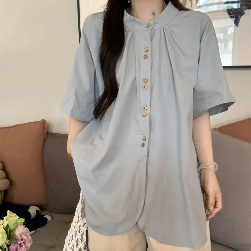 Lazy Style Short Sleeve Loose Slit Hem Button Shirt Tops Women Clothing O-neck Irregular Korean Blouse Fashion Trend Summer New