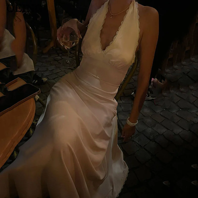 

OEING Simple Light Pink A-Line Mermaid Prom Dresses V-Neck Lace Sleeveless Party Gowns Floor Length Cocktail Dresses Customized