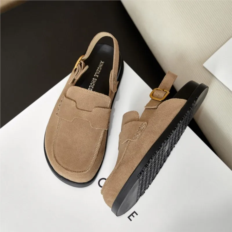 

leather overhead sandals women's summer new soft sole thick sole half slippers to wear lazy shoes