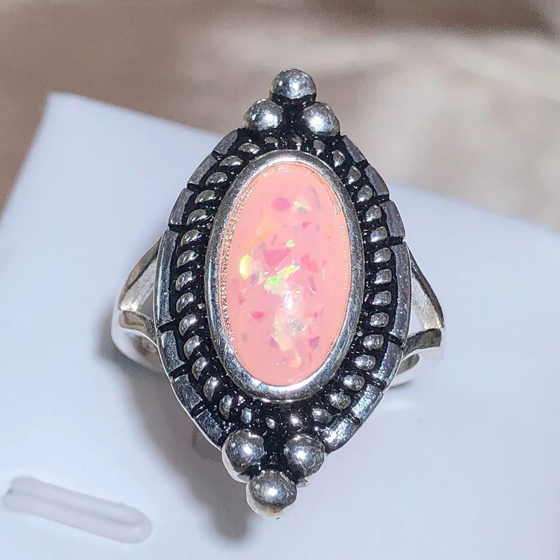 New Vintage Pink Color Australian Treasure Ring Female Oval Thai Silver Ring Party Birthday Gift Wholesale