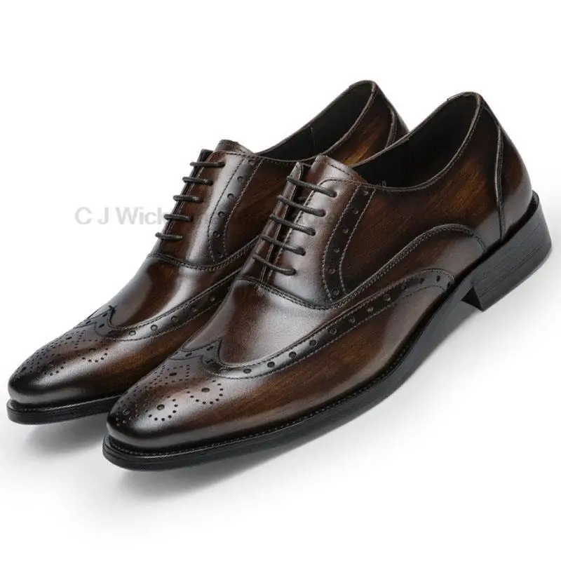 

Brand Men Genuine Leather Shoes Lace Up Pointed Toe Black Brown Brogues Oxford Mens Dress Shoes Wedding Office Formal Shoes Men