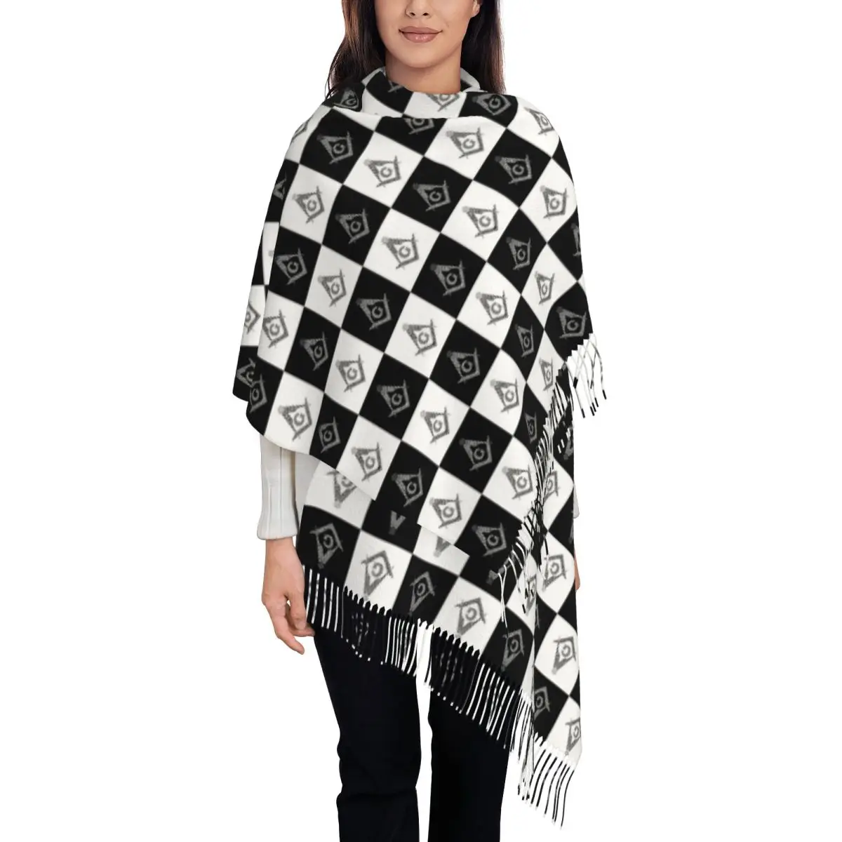 Écharpe à motif à carreaux franc-maçon pour hommes et femmes, imprimé personnalisé, noir et blanc, écharpes chaudes d'automne d'hiver, châles Wraps