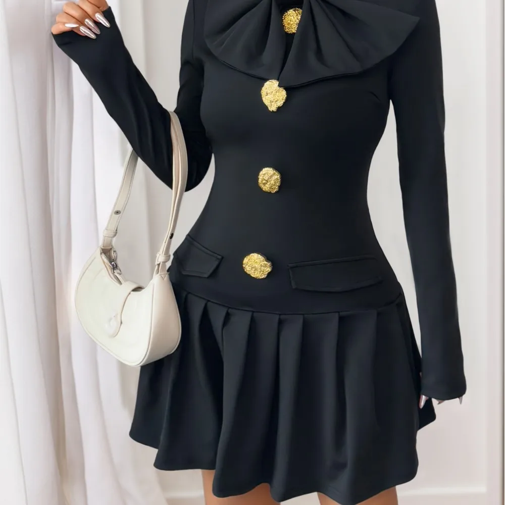 أنيقة الحلو القوس زر مزين نصف الياقة المدورة طويلة الأكمام الخريف اللباس مزاجه عارضة أسلوب بسيط العصرية بلون