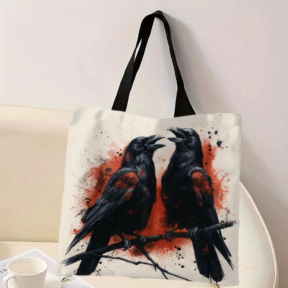 Tote Bag with Raven Design Casual Style Foldable Shopping Bag with Fixed Shoulder Strap for Daily Use Halloween Decor Handbag