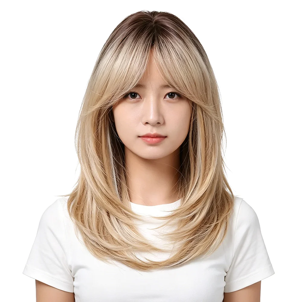 Dark Roots Balayage Blonde Ombre Wig With Curtain Bangs Straight Layered Synthetic Wigs For Women Daily Wear Heat Resistant