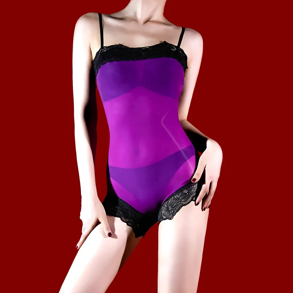 Women's Sexy Purple Lace Teddy Lingerie One Pieces Bodysuit Transparent Babydoll Nightwear Deep V Neck Sleepwear Maid Leotard