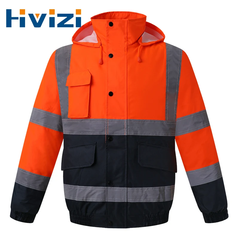 

ANSI Class 2 Navy Bottom High Visibility Thermal Bomber Jacket Hi Vis Workwear Waterproof Orange Coat