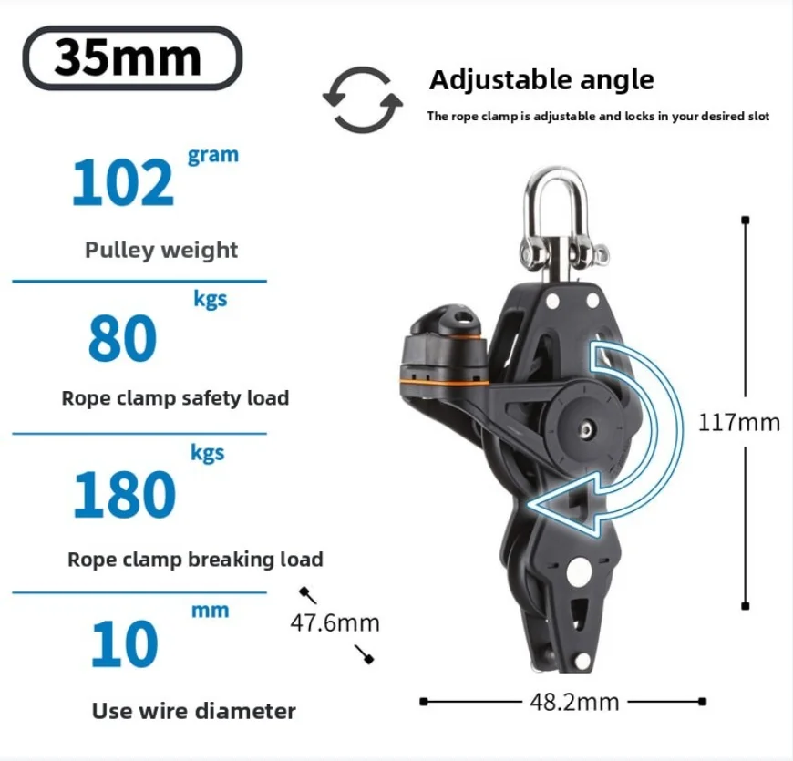 Marine Pulley Single Sheave 35mm Wheel 8mm Rope Swivel Eye Cleat Stainless Steel Bearing for Boat Sailboat Heavy Duty BP3522F