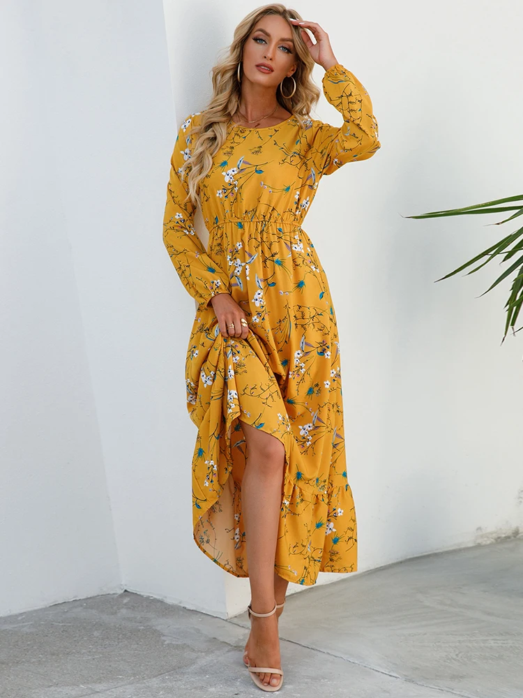 الأزهار الشيفون طويلة Sve Dr جولة Ne U-Ne ميدي الدكتور الربيع الصيف الخريف المرأة الشارع Sle ألف خط تنورة الدكتور