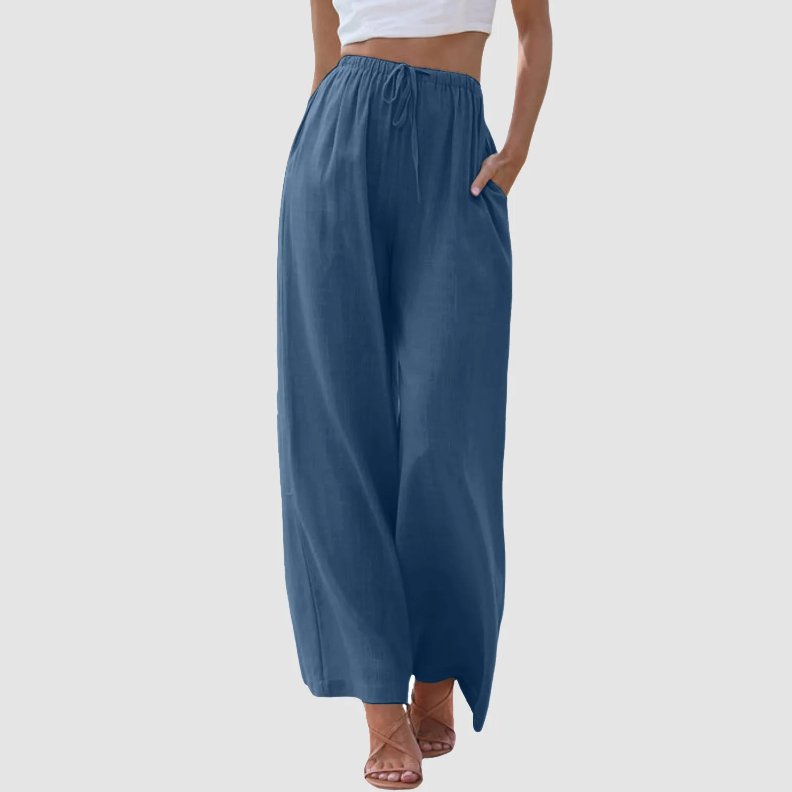 

Comfortable Straight Leg Long Pants With Pockets Women's High Waisted Wide Leg Pants Fashion Drawstring Elastic Waist Trousers