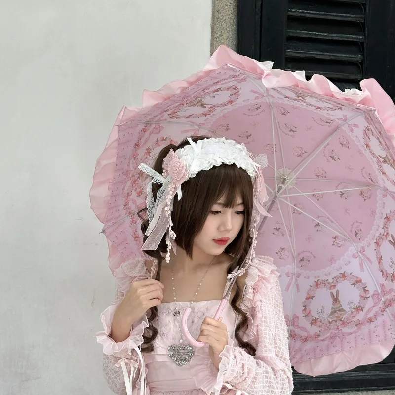 Eternal Garden Floral Ruffled Lolita Parasol Umbrella 21 Inch 8 Ribs Sun Rain Dual Use For Sweet Princess Cosplay Outfit