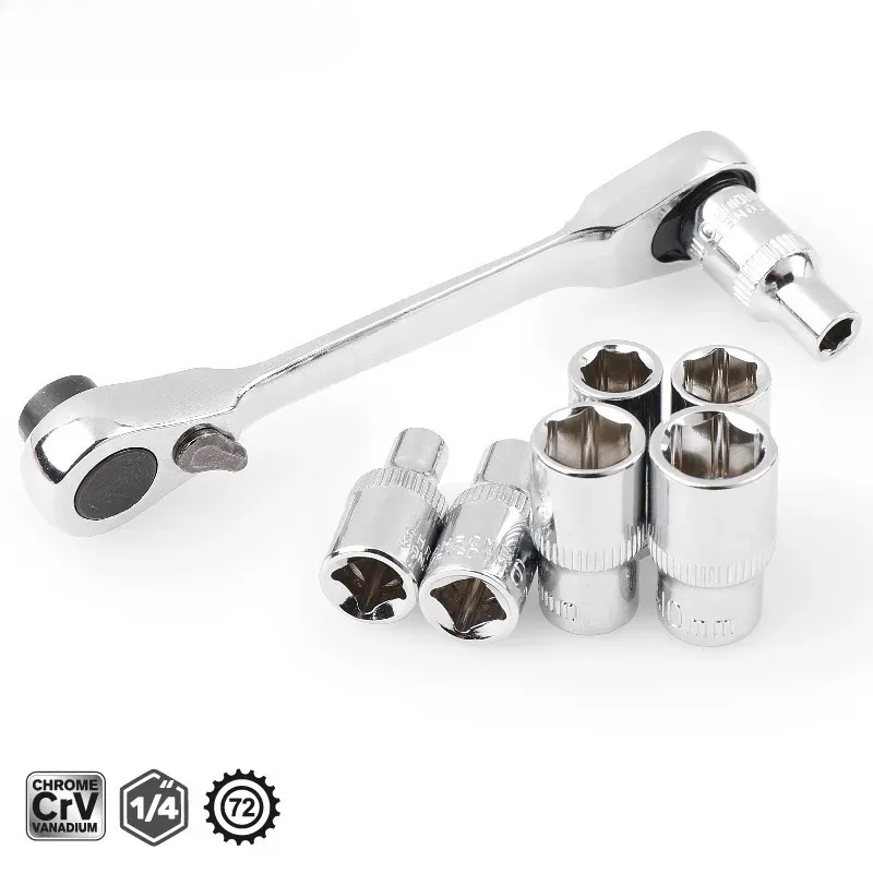 TINSOL 1/4 Inch Double-Ended 72-T Mini Ratchet & Bit Driver Quick-Release Socket Wrench Portable Repair Tool for Sockets & Bits