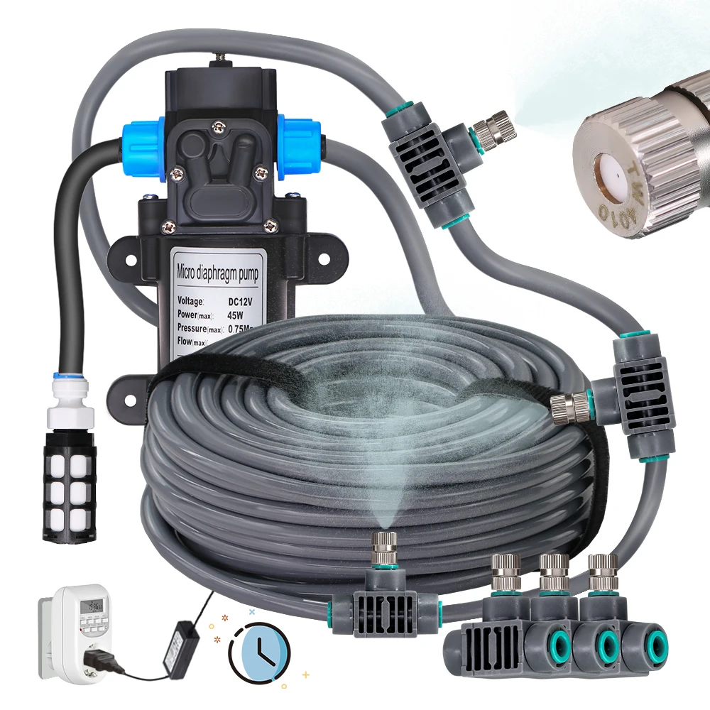 45W Pomp 0.15Mm Lagedrukvernevelingskoelsysteem Met Timer 110-240V Voeding Fijne Verstuivingsproeier Tuin Irrigatie