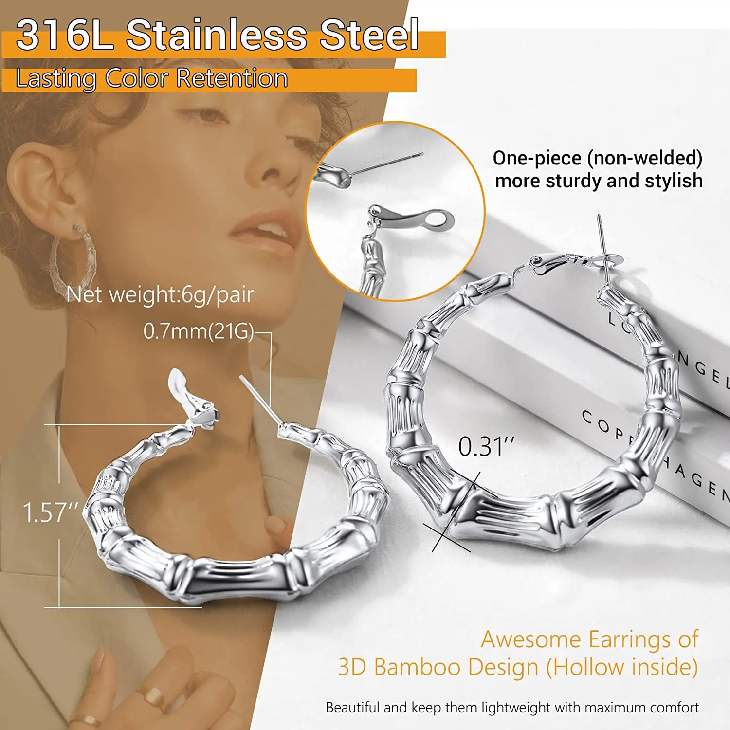 Bamboo Hoop Earrings Diameter 40mm/60mm/80mm for Women Stainless Steel Hypoallergenic Hyperbole Jewelry