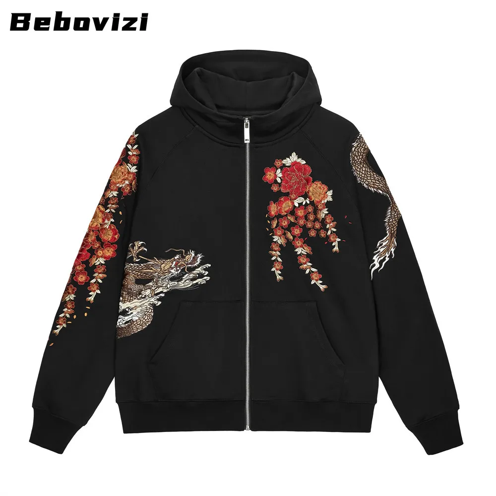 High Quality Chinese Dragon Flower Embroidery Hip Hop Black Hoodie Men Japanese Harajuku Streetwear Zip Up Loose Sweatshirt