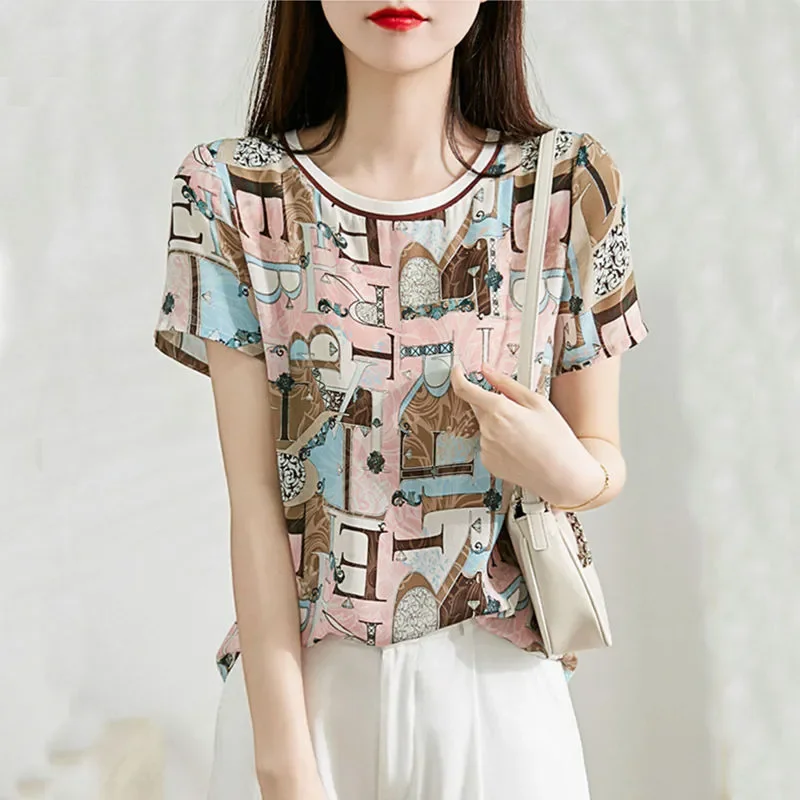 

Женская летняя блузка из шифона с принтом, с коротким рукавом, свободного кроя, элегантная, скрывающая живот, повседневная.