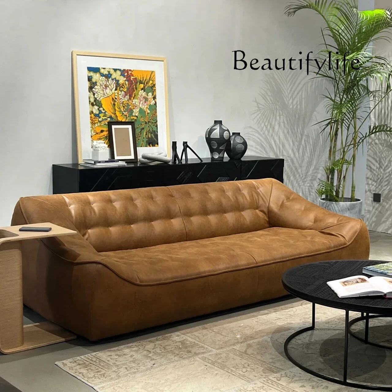 

yj15 Medieval bean bag sofa American retro oil wax leather living room straight row three-person sofa