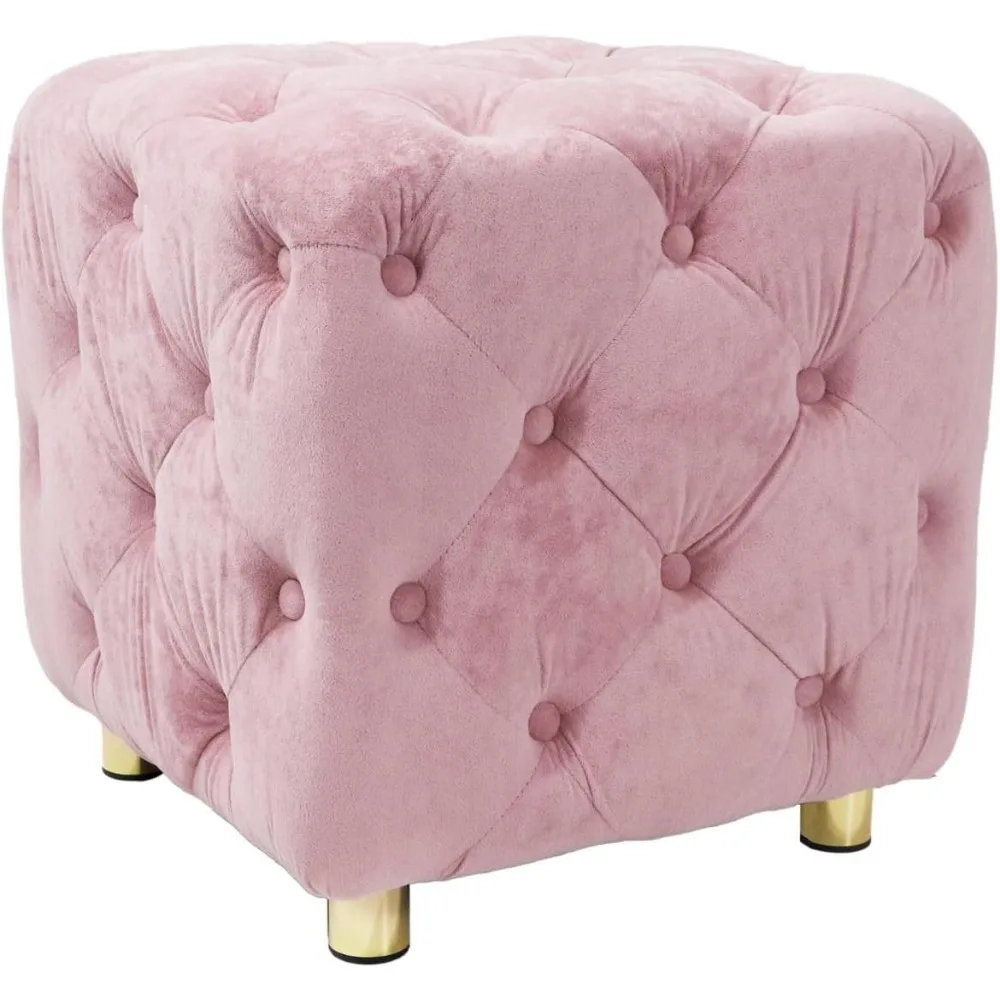 Tufted Velvet Ottoman, Square Shaped Upholstered Footstool, Glam Vanity Stool with Gold Finished Metal Legs