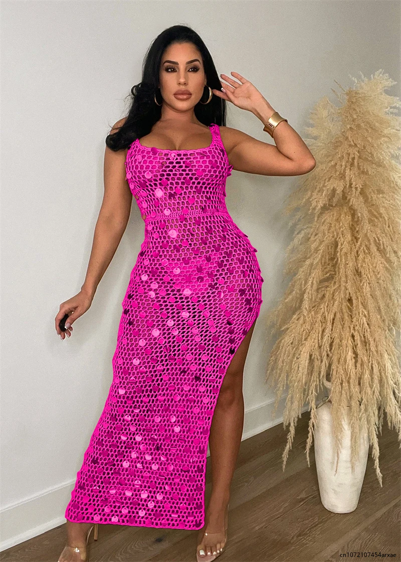 Sequins Hand Knitted Summer Beach Long Dress Women Sexy Hollow Out Sleeveless Side High Split Cover Ups Maxi Club Party Vestidos