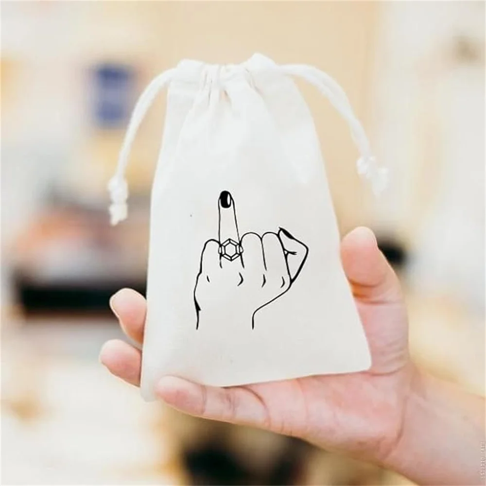 Tym Ring Finger Printed Party Favor Bags - Cotton Drawstring Closure - Bachelorette Hangover Kit Bags - Hangover Recover Kit Wed