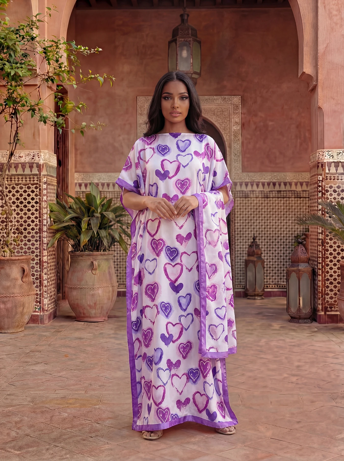Summer Short Sleeve Cotton Abaya for Women Gold Stamping Loose Maxi Islamic African Dress with Big Scarf by Dubai Collection