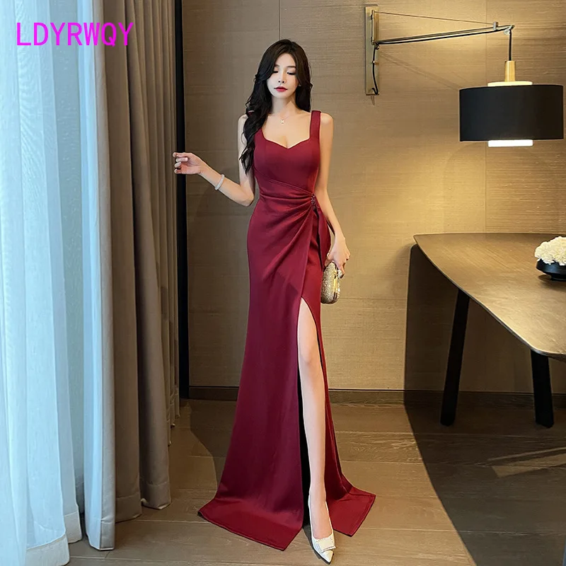 2023 New Sexy Low Chest Wrapped Hip Split Floor Sweeping Women\'s Long Dress Temperament Slim Fit Banquet Evening Gift Dress