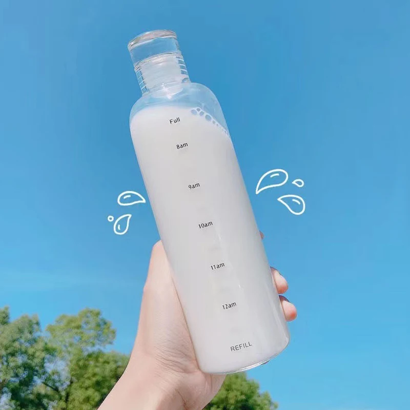 500/750ml Large Capacity Glass Water Bottle With Time Marker Cover For Water Drink Transparent Milk Juice Cup Simple Cup Gift