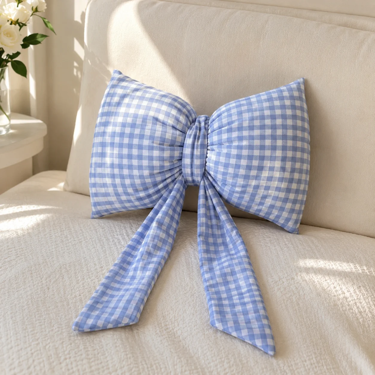 Light Blue Bow Throw Pillow 3D Stereo Bow‑knot Cushion Soft Plush Decorative Pillow for Sofa Bed Bedroom Home Decor