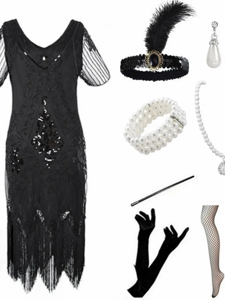 

loween 920S eat Gatsby Sequin Tassel Evening Gown Vintage Par Event V-Ne Dr ort Skirt ape ort Sve