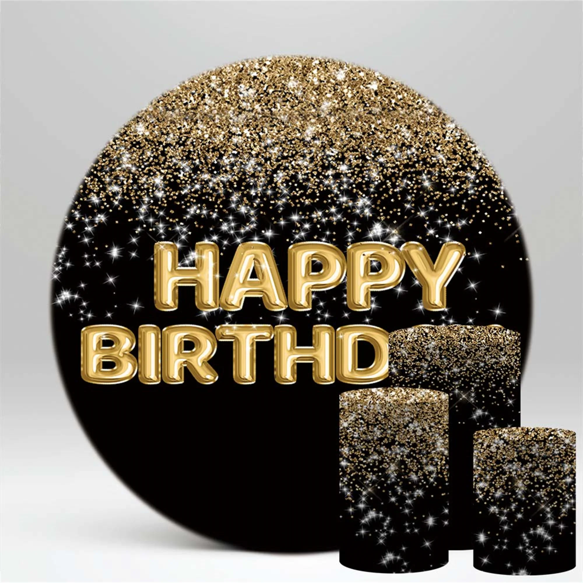 แผ่นหลังทรงกลมสีดำและสีทองสำหรับงานเลี้ยงวันเกิดแบนเนอร์สีเงิน
