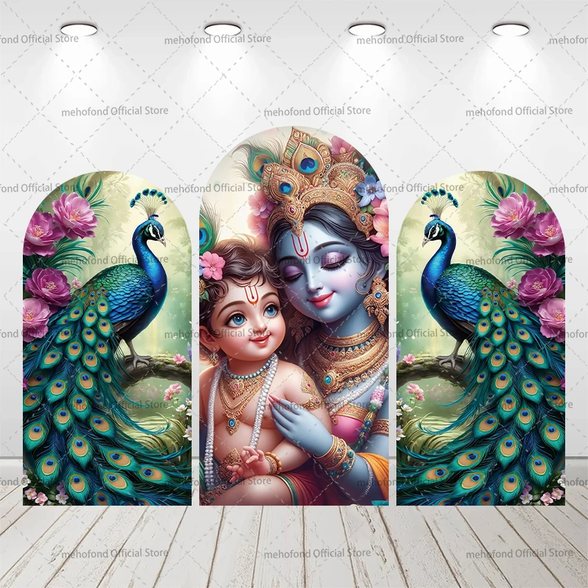 Mehofond personalizado 2 lados índia yashoda e krishna crianças festa de aniversário capa de chá de bebê chiara arco fundo decoração pano de fundo