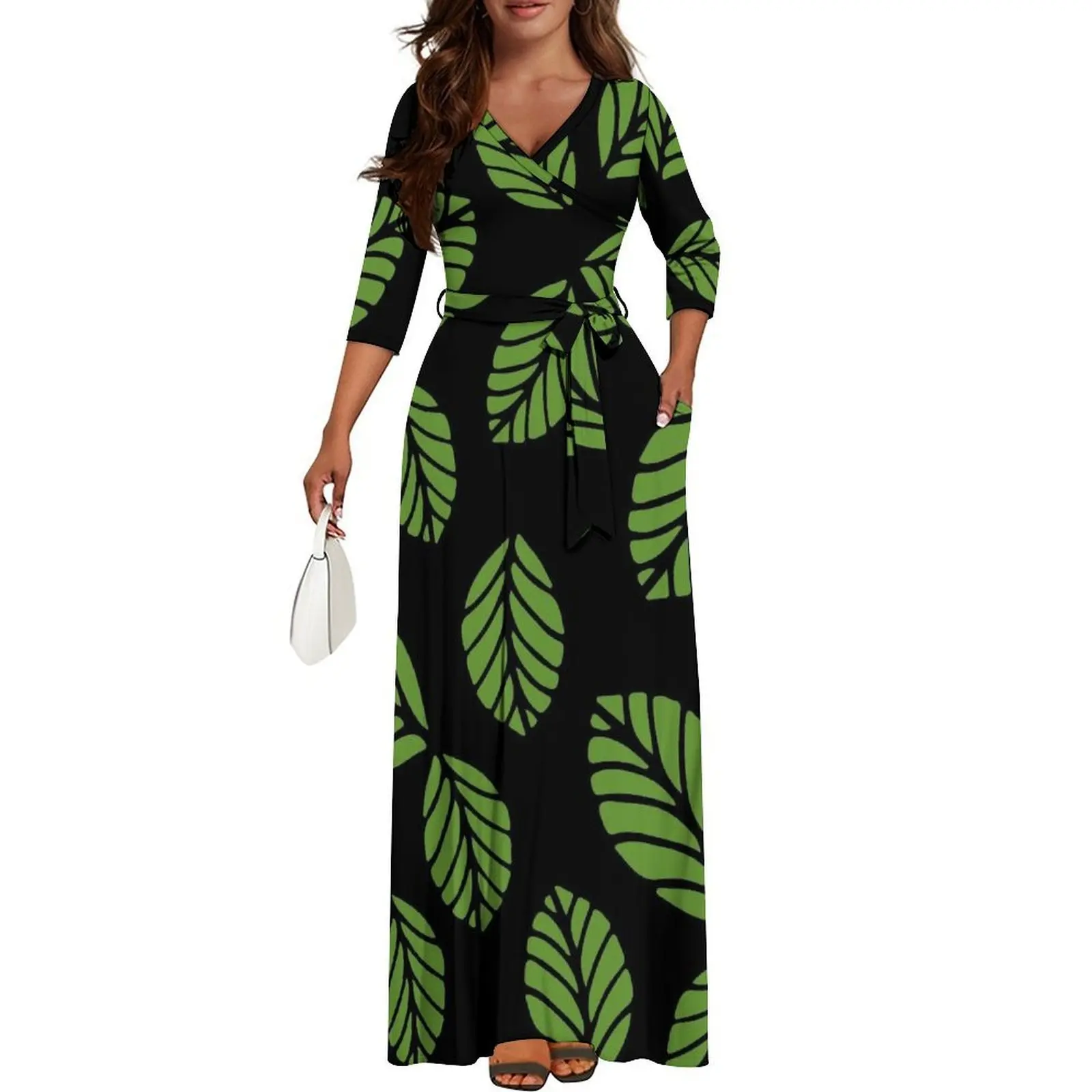 

Модное длинное платье с v-образным вырезом и завязкой на талии, повседневное и свободное полинезийское женское платье на заказ с узором гибискуса