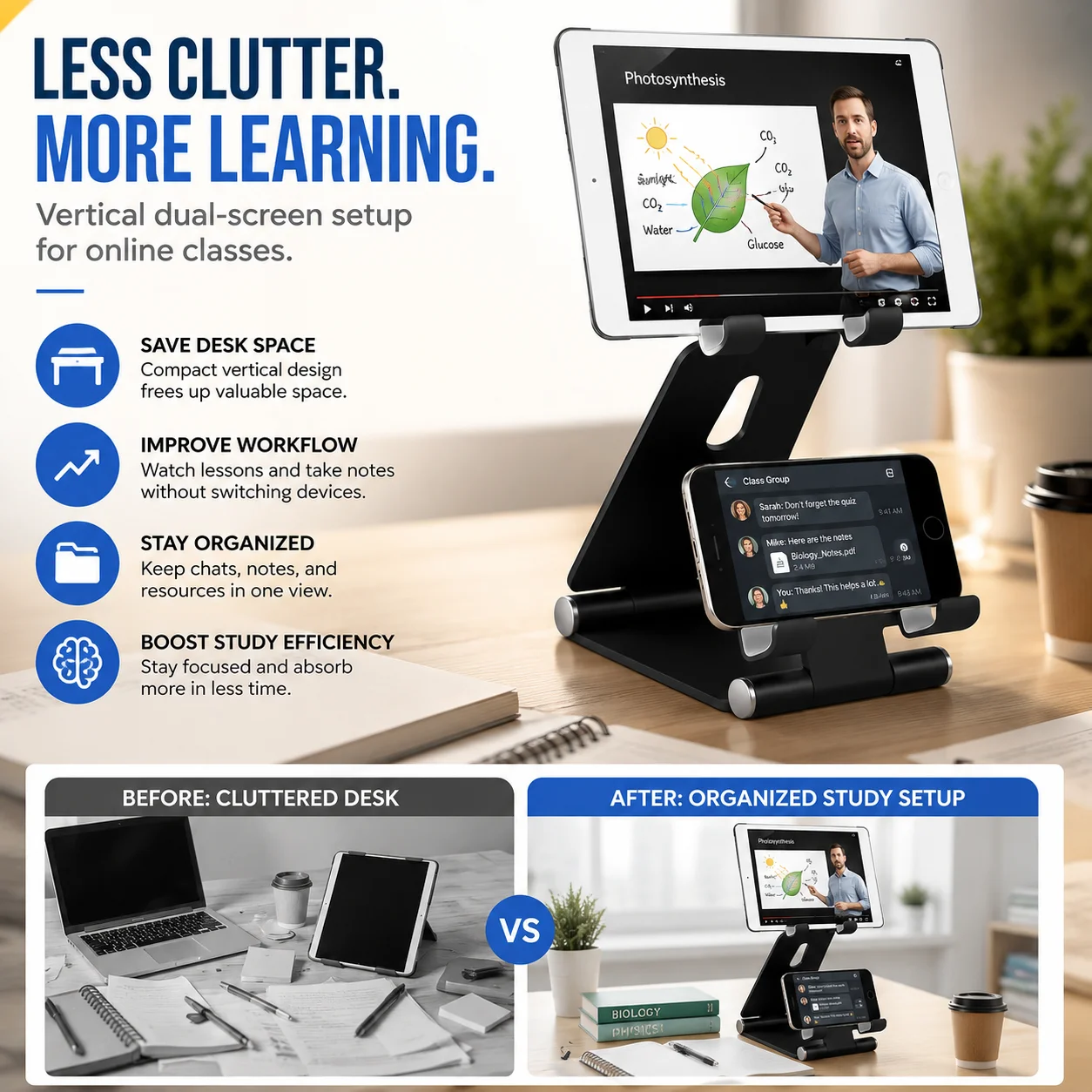 Compact 2-in-1 Dual Deck Aluminum Phone Tablet Stand, Foldable Adjustable Multi-Angle Desk Mount for Office & Home.