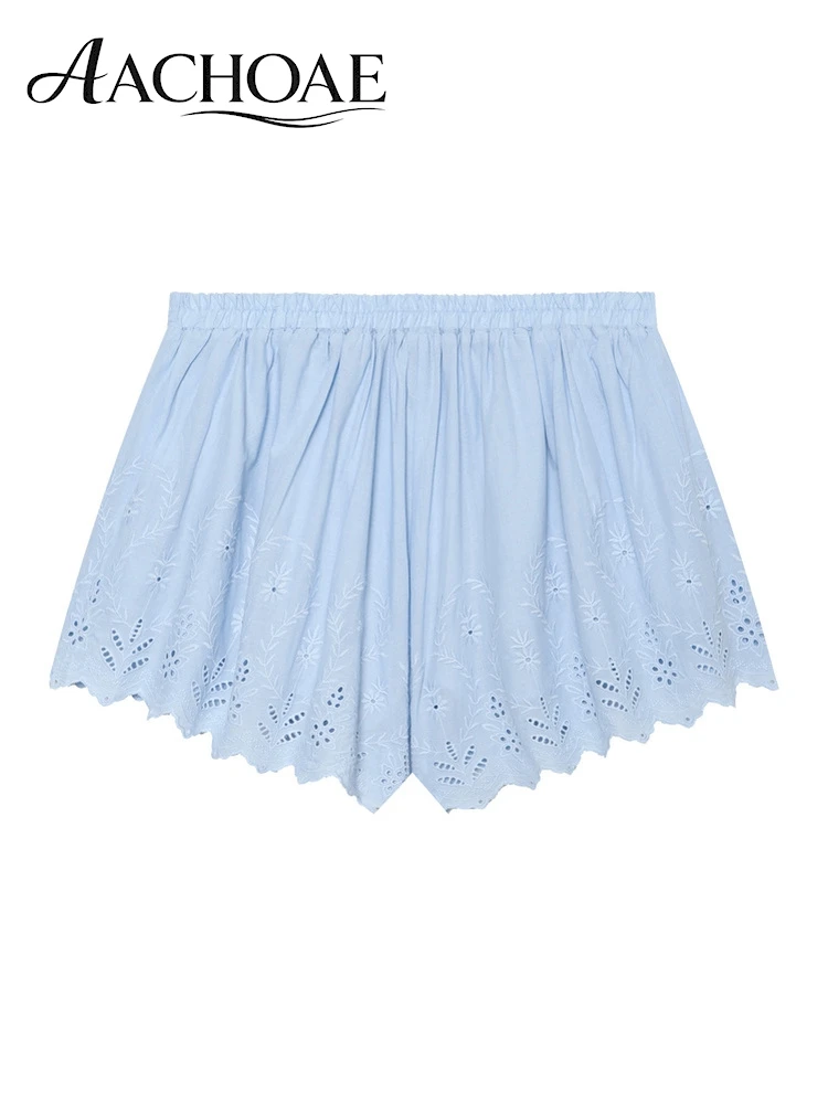AACHOAE Women Boho Eyelet Embroidered Cotton Shorts High Waist Elastic Waist Scallop Hem Beach Shorts Casual Summer Bottoms