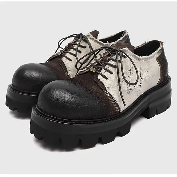 2026 Niche Thick-soled  Polish Color Summer Retro Low-top Leather Splicing Slightly Upturned Men's Derby Shoes