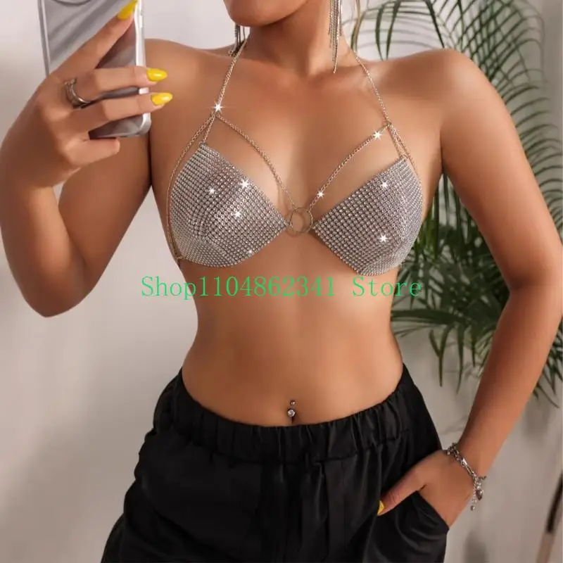 5ASD女性エレガントなラインストーンメッシュカミークロップトップスパークリングホルターボディチェーンキャミソールビキニブラジャーダンスパーティーとイベント