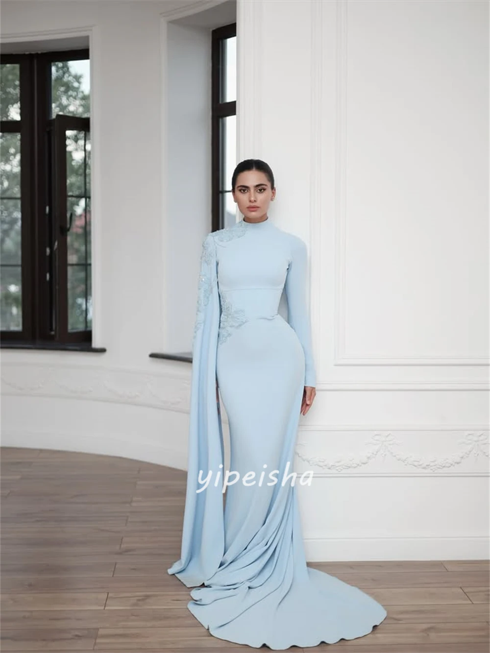Customized High Quality Fashion Jersey Handmade Flower Beading Straight High Collar Long Dresses Bespoke Occasion Dresses Retro image 4