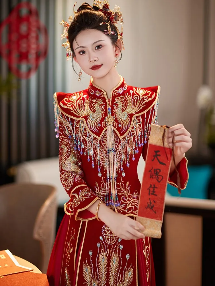 Velvet dress new Chinese-style wedding for brides toasting dragon and phoenix women