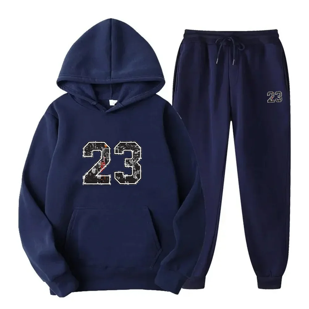 

2 Pieces Sets Tracksuit Hooded Sweatshirt +Drawstring Pants Male Sport Hoodies Running Sportswear Men 23 Brand Autumn Winter