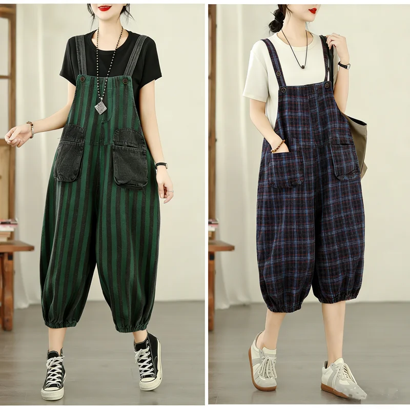 

Oversized Striped Plaid Denim Overalls Women Loose Spring Summer Fashion Ladies Pants Casual Woman Jeans
