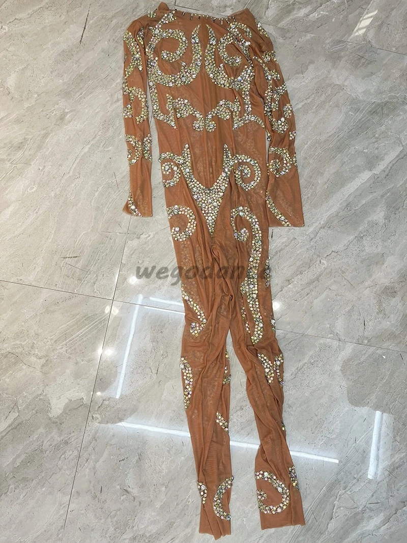 Sexy Bodysuit Outfit Birthday Performance Singer Costume Shining AB Color Rhinestones Nude Transparent Jumpsuit