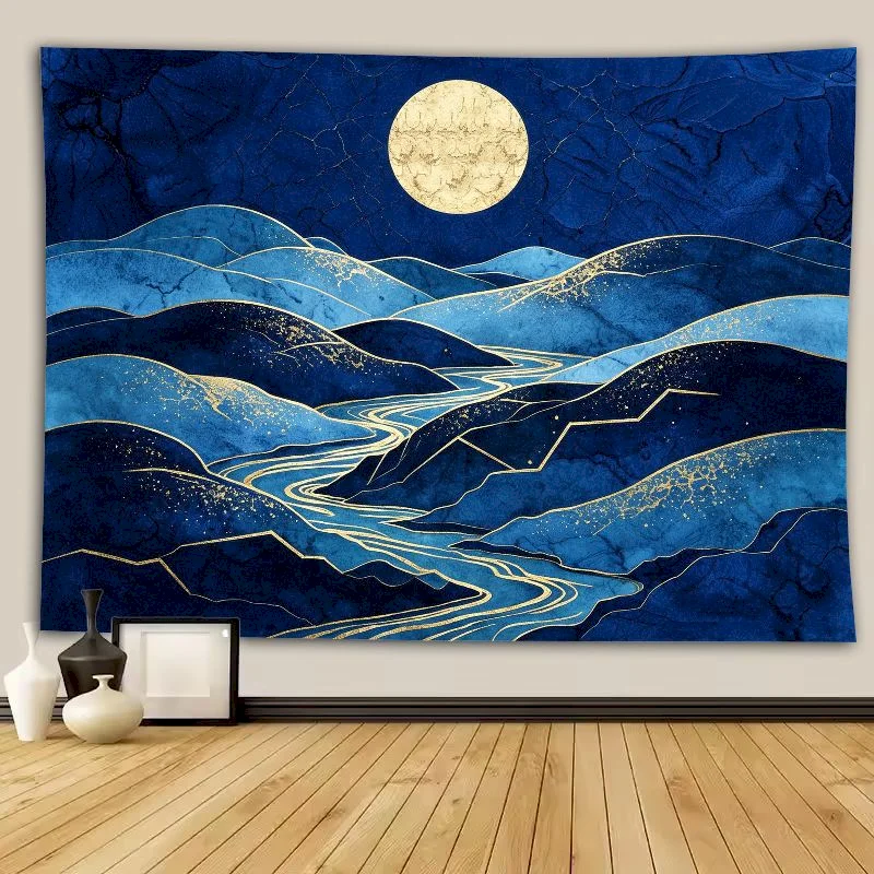 VIKAMA Mountain View Tapestry Gold Thread Moon River Wall Hanging Oriental Ink Aesthetics Background Cloth Home Decoration