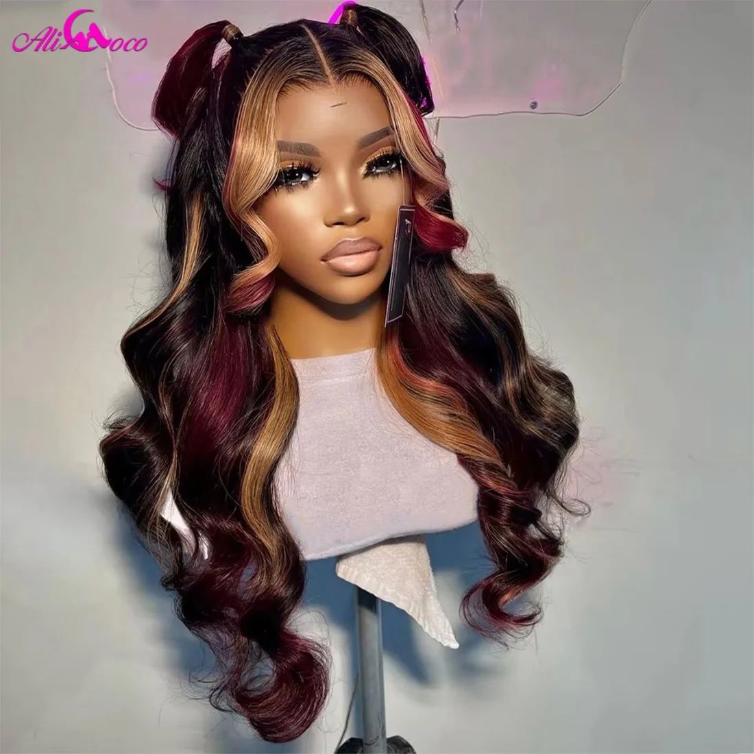 

180 Density Black Red Wig Burgundy Highlight Wig Human Hair Body Wave Lace Front Wigs 13X4 HD Lace Front Human Hair Wigs