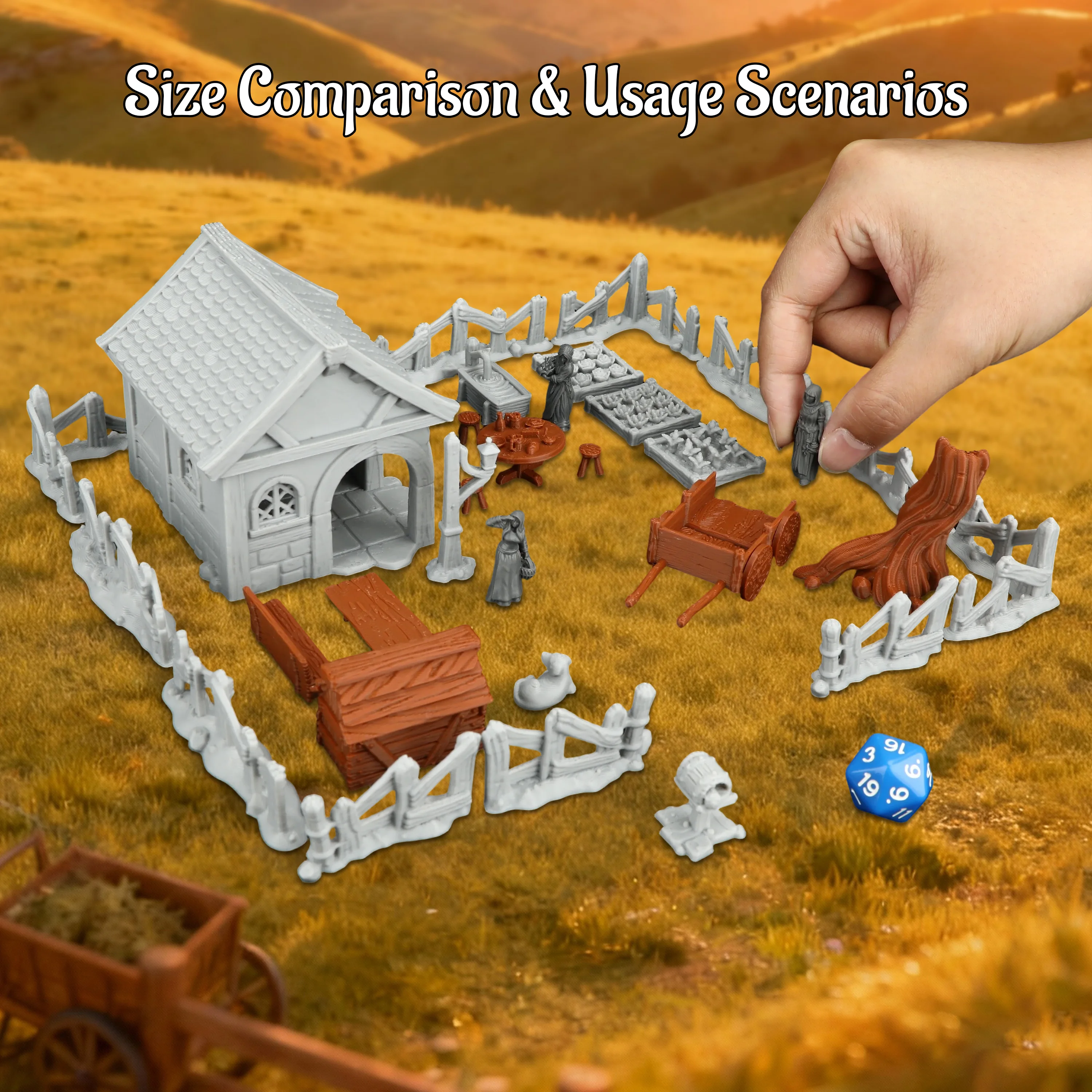 RPG Miniature Terrain Set - Pastoral Courtyard Village Yard Scene, Fantasy Accessories for TTRPG Adventures, Collectible Gift