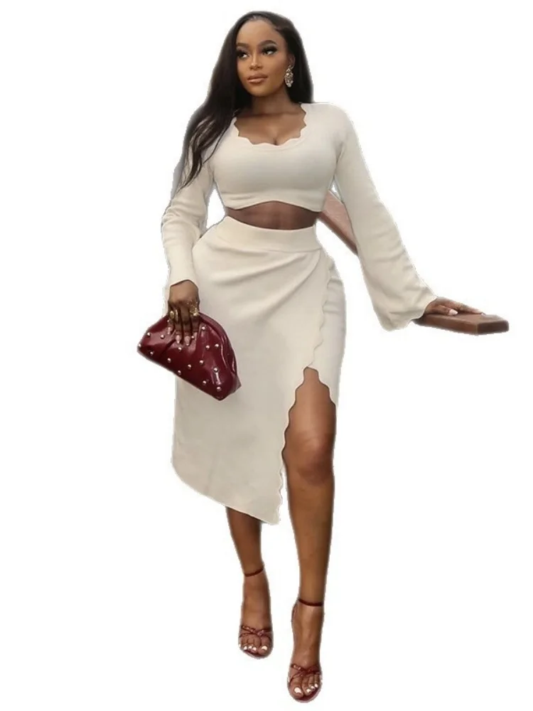 Wmstar Set da due pezzi da donna Stock all'ingrosso Cross Border 2025 Autunno Nuovo stile fresco manica svasata sottile tinta unita abito con spacco