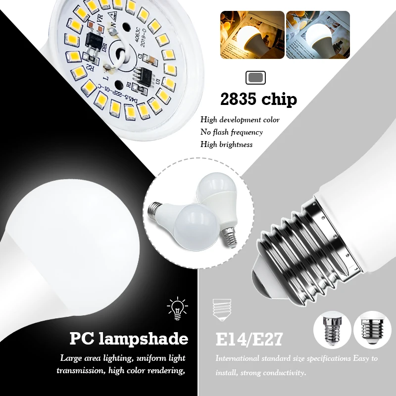 LED Bulb Lamps E27 E14 220V 3W 6W 9W 12W 15W 18W 20W 24W Led Light Bulbs Real Power Lampada Living Room Home Indoor Led Bombilla