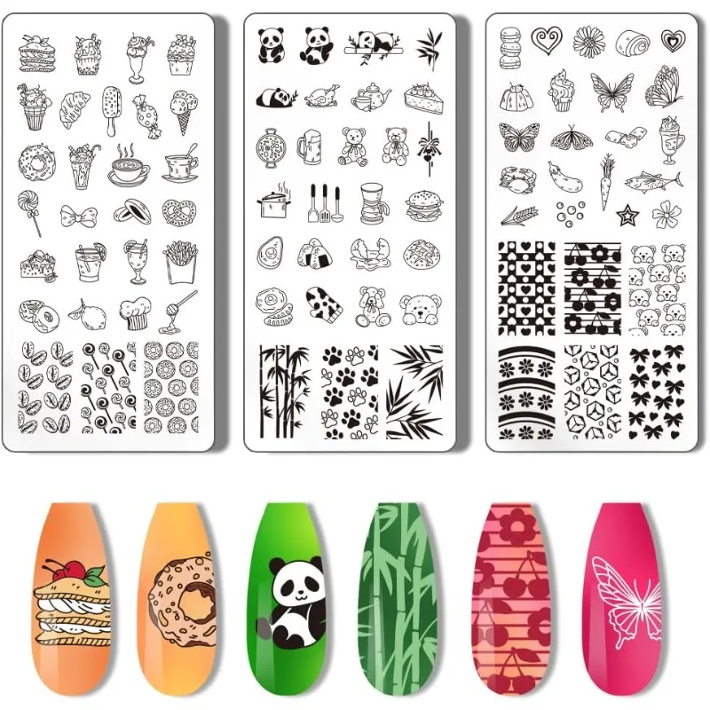 

3pcs Panda Nail Stamper Food Nail Art Stamping Plate Cake Nail Printing Plate Animal Nail Stencils Print Nail Stencils Stainless